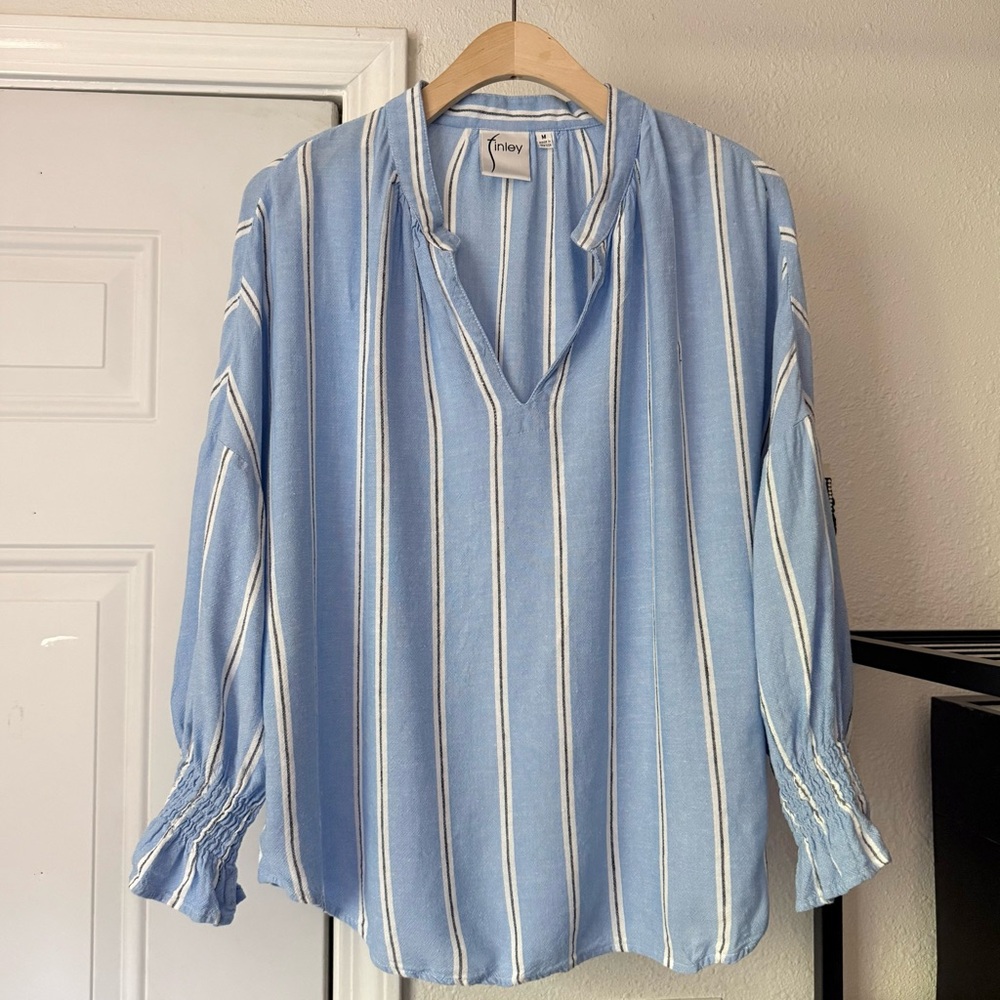 Finley chambray blue white striped viscose linen popover ruffle puff blouse